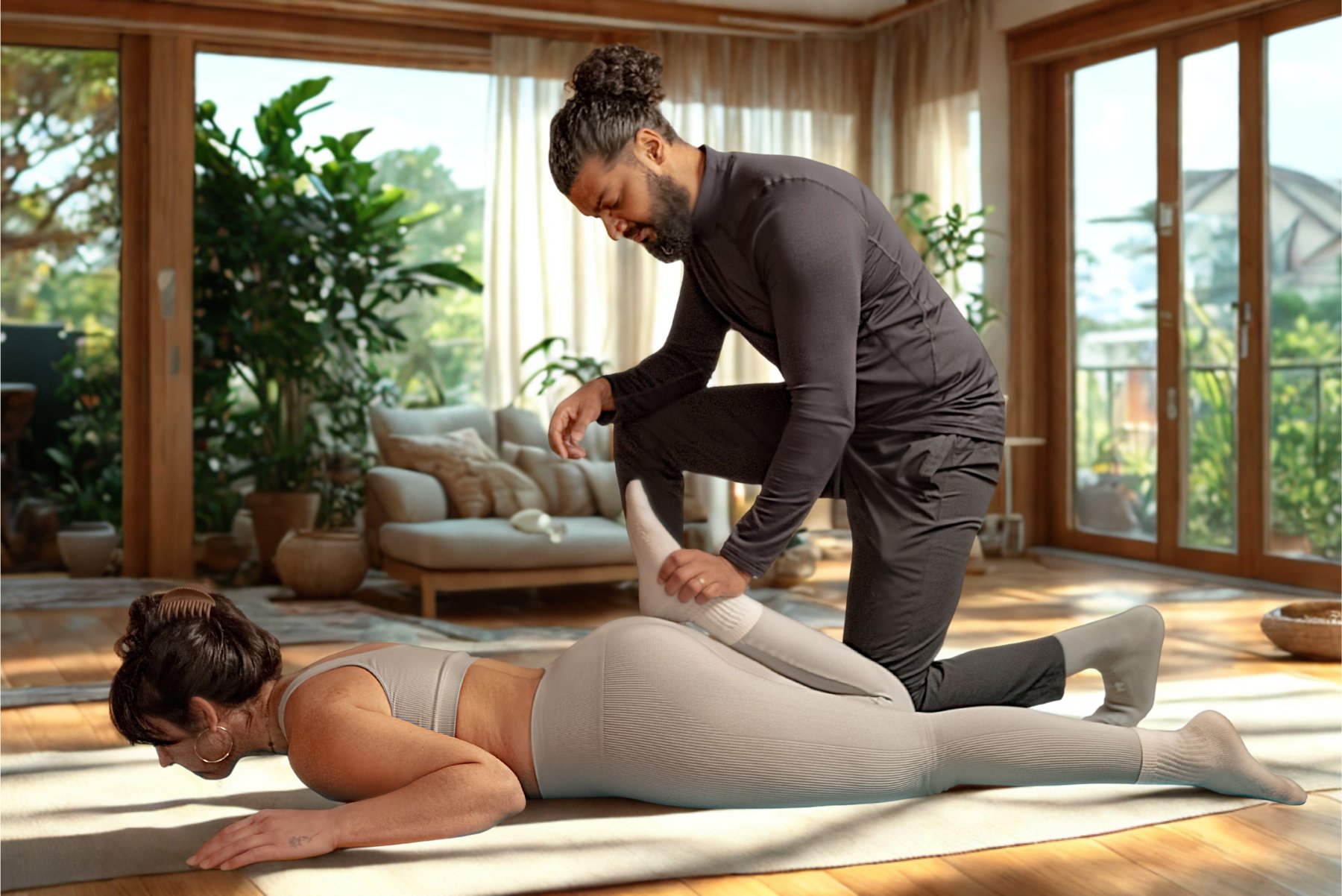 Armaan assessing a client's hip range on the floor